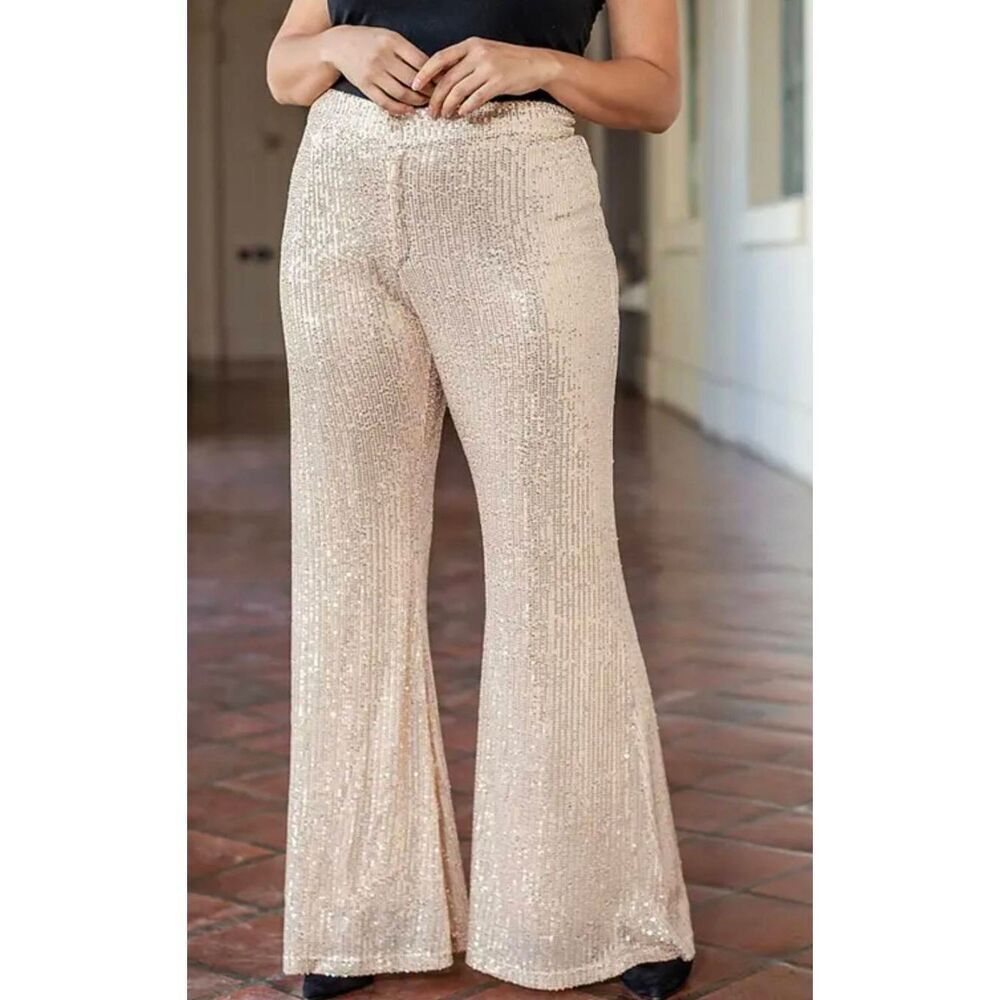 Saints & Hearts Champagne Sequin McBling Wide Leg Bell Bottom Pants Small Maxima